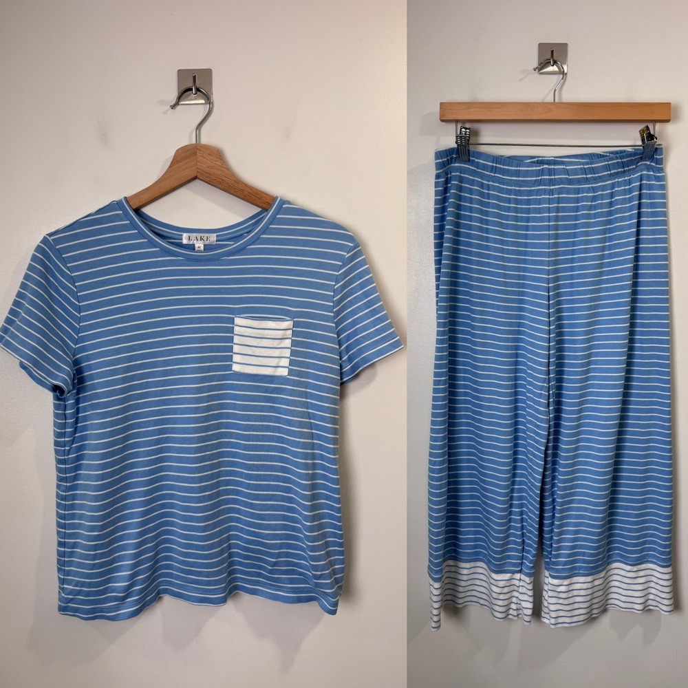 LAKE Women Blue Striped Pajama Set Pima Cotton Short Sleeve Crop Pants Medium